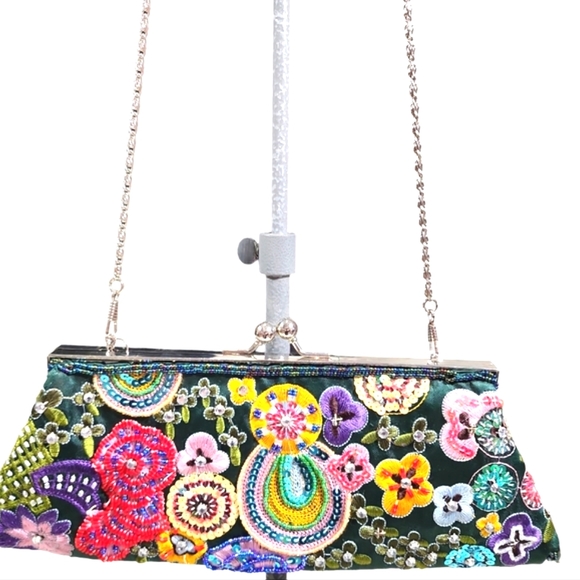 Vintage Retro Evening Green Sequined Beaded Clutch Bag - Picture 3 of 13